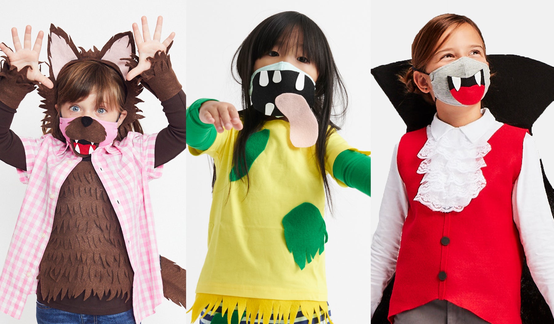 three kids dressed as a werewolf, zombie, and vampire