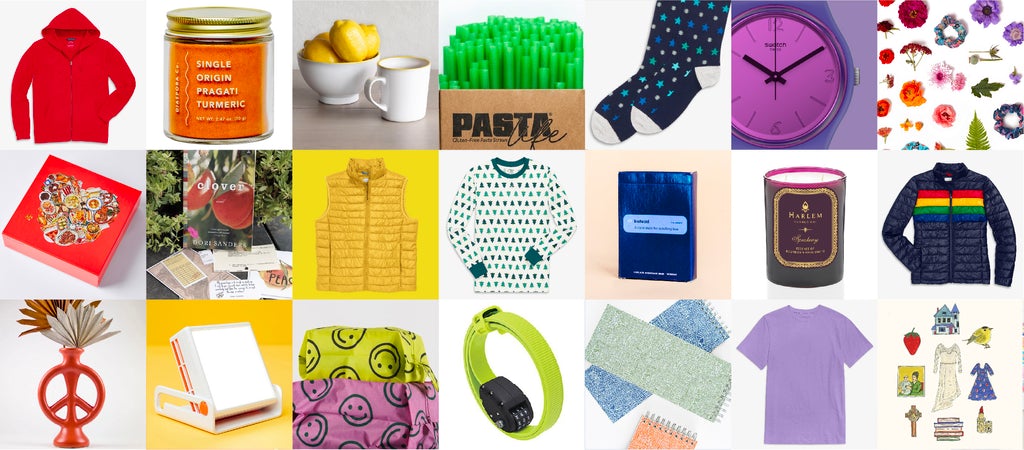 Grid of holiday gift ideas for grown-ups in rainbow order