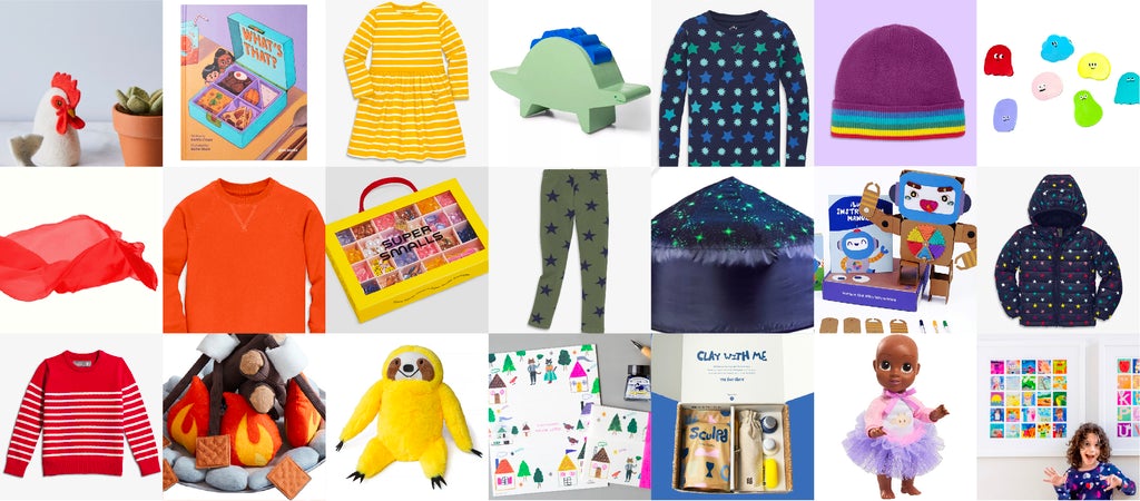 Grid of kids holiday gift ideas in rainbow order